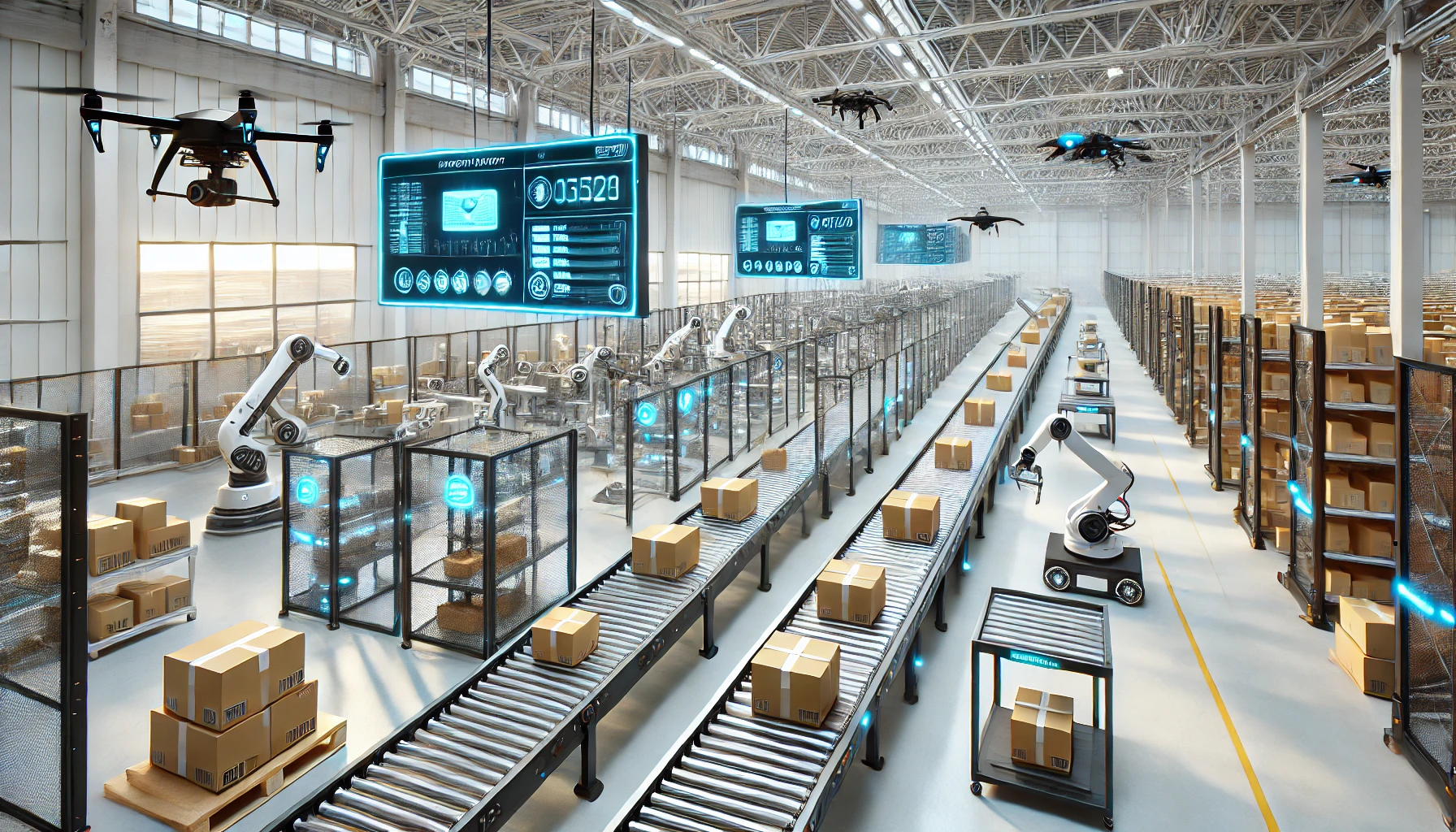 A high-tech logistics warehouse interior featuring automated systems. The scene includes conveyor belts, robotic arms, and drones efficiently managing